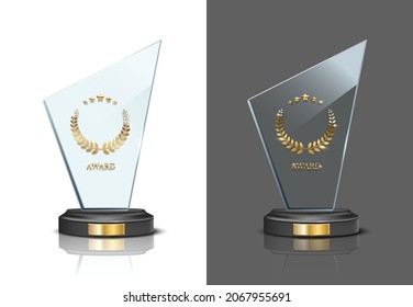 Glass Or Crystal Award Prizes Set For Winner Vector Illustration. Realistic 3d Trophy With Gold Laurel Wreath, Stars And Award Text, Glossy Luxury Reward With Circle Pedestal, Victory Congratulation