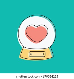 glass or crystal ball vector with heart isolated cartoon flat design style icon with black line or outline for valentines day. romantic love sign & symbol for couple like greeting card or postcard