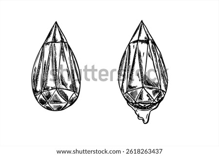 Glass crystal reflecting light vector isolated ink illustration. Etching drawing of ice drop with diamond facets with falling water drop. Glowing gemstones set for crystallography, skincare packaging.