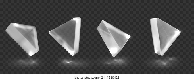 Glass or crystal triangle in different angle view. Geometric shape with reflection, isolated glossy object. Realistic 3D Illustration