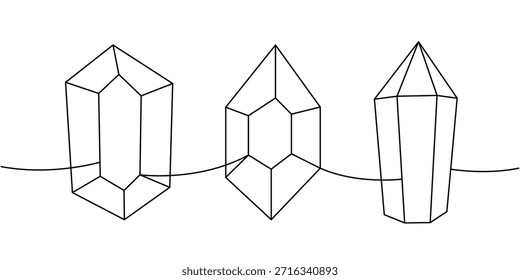 Cristales de vidrio de una línea de dibujo continuo. Piedras espirituales. Ilustración vectorial