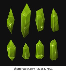 Glass Crystals Set on Black Background. Green Gems Vector