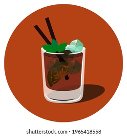 A glass of Cuba Libre cocktail with straws, ice cubes and a slice of lime vector illustration