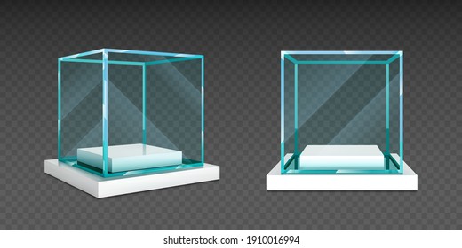 Glass Cube Box On White Stand. Empty Clear Square Showcase On Podium In Front And Angle View. Vector Realistic Mockup Of 3d Acrylic Or Plexiglass Box For Exhibit Isolated On Transparent Background