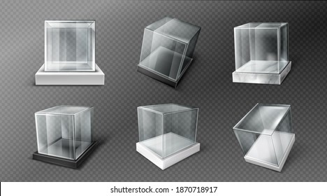 Glass Cube Boxes On Black, White And Marble Stand. Empty Clear Square Showcases On Plastic Podiums. Vector Realistic Mockup Of 3d Acrylic Or Plexiglass Boxes Isolated On Transparent Background