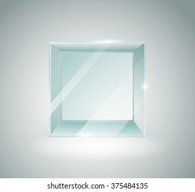 Glass cube. Front view. Showcase. Glass cube. Glass boxes. Isolated on white background analyzing processes.