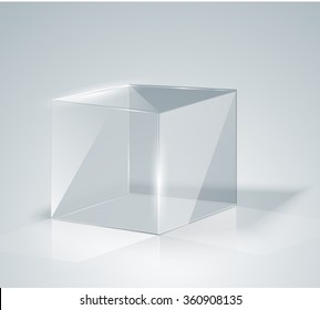 Glass Cube. Transparent Cube. Isolated. Template glass. Exhibition. Presentation of a new product. Realistic 3D design. Vector illustration