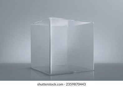 cubo de vidrio, caja cuadrada transparente o podio de exposición, objeto geométrico brillante, ilustración vectorial 3d realista