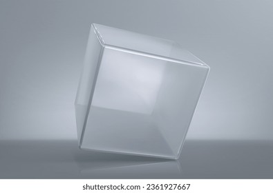 cubo de vidrio, caja cuadrada transparente o podio de exposición, objeto geométrico brillante, ilustración vectorial 3d realista