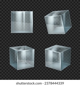 Glass cubes. Transparent plastic realistic square box for aquarium or showroom exhibition decent vector glossy geometric cubes collection