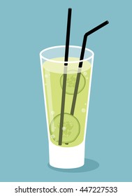 Glass of cucumber water with two black straws. Zombie glass. Vector illustration.