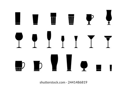 Glass cup for alcohol drink, black empty silhouette icon set. Beverage and cocktail in beer mug, wineglass, cup and other drink glassware. Simple sign of glass utensil, editable stroke. Vector