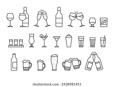 Glass cup for alcohol drink, clink celebration toast, line empty icon set. Beverage, cocktail in beer mug, wineglass, cup, other drink glassware. Outline sign of glass utensil, editable stroke. Vector