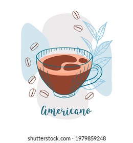 Glass cup of americano coffee on pastel colorful background with coffee beans and coffee branch composition. Hand drawn poster. Stock vector illustration. 