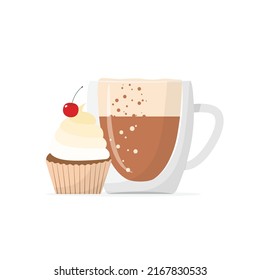 Vidrio de capuchino o tardío con muffin. Pastel con cereza y café. Ilustración del vector