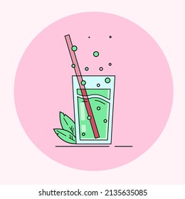 
Glass Cup With Carbonated Lemonade, Straw And Mint Leaves. Bright, Cartoon, Flat Cocktail Vector Illustration Isolated On Pink Background