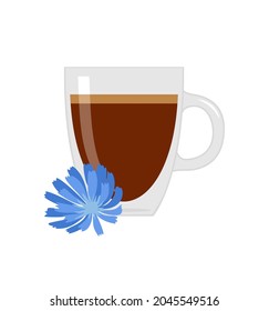 Glass cup with chicory drink and blue chicory flower on a white background. Flat vector illustration