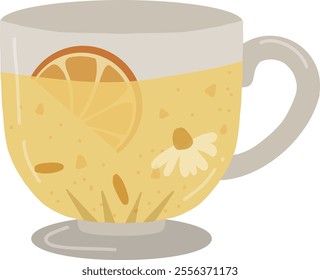 Glass cup of citrus tea with chamomile. Tea time, hot drink