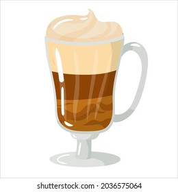 Glass cup with coffee cartoon style. Kitchen utensils. The aesthetics of coffee. Vector illustration isolated on white background.