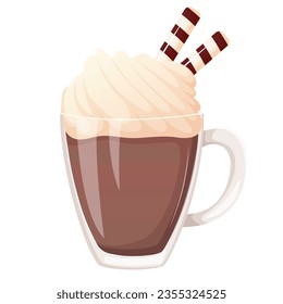 Glass cup of coffee, cocoa decorated with waffle and whipped cream