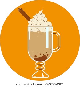 Copa de vidrio con bebida de café y canela. Lámina de calabaza de la ilustración del vector, mochiato, latte, chocolate caliente, irlandés, mocha, frapé