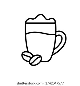 Glass cup with coffee drink. Linear icon of clear mug with two beans and whipped milk. Black simple illustration of two-layer beverage with foam. Contour isolated vector of cappuccino, latte, dalgona