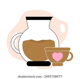 Glass cup with coffee. Tasty liquid and hot drink. Aroma and beverage. Cappuccino, mochaccino and latte. Poster or banner. Linear vector illustration isolated on white background
