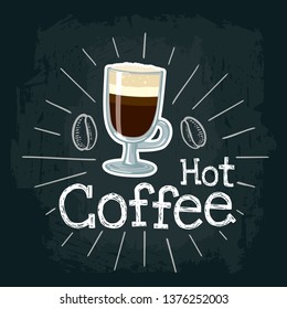 Glass cup coffee. Vector color flat icon for poster, label and menu cafe fast food. Isolated on the black chalkboard with vintage white chalk engraving rays, lettering, beans