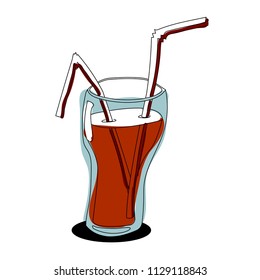 a glass Cup with Cola and tubes sticking out of it. Figure. Vector. Icon