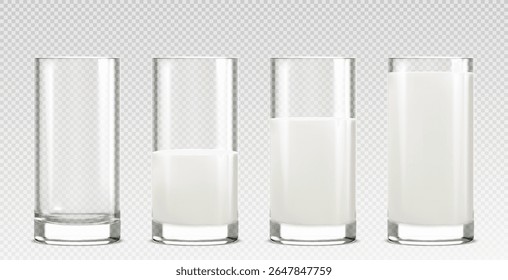 Glass cup collection showing milk filling stages - from empty transparent tumbler to full white dairy beverage. Clear drinking vessels with progressive liquid levels for nutrition concept presentation
