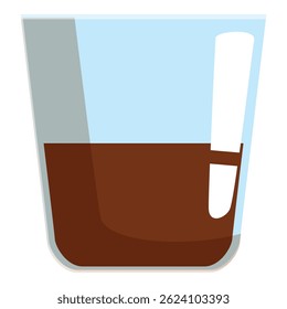 Glass cup containing a dark liquid and a stir stick resting on the side