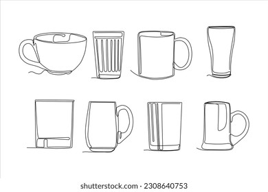 glass cup continuous line art vector set illustration