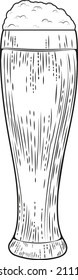 Glass cup with dark or light foamy beer.Vintage vector engraving illustration on white background.