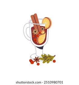 Glass cup of drink with Christmas aesthetic. Xmas mulled wine with cinnamon, carnation. Fruit grog, punch. Winter holiday hot alcohol beverage. Flat isolated vector illustration on white background