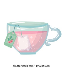 Glass cup with green tea. Tea drinking. An element of decor for valentine's day in pastel colors. vector illustration drawn in cartoon style isolated on white background