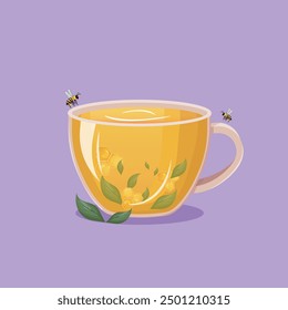 Glass cup of green tea and honey. Tea leaves, honey and bees. Vector illustration