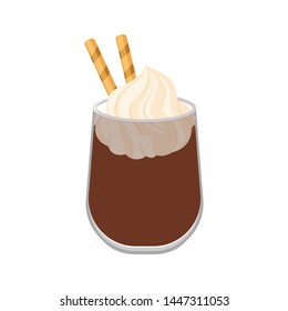 glass cup with hot chocolate or coffee with whipped cream and waffle vector illustration isolated on white background.