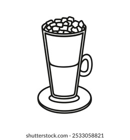 Glass cup of hot chocolate with marshmallow. Hand drawn doodle illustration.