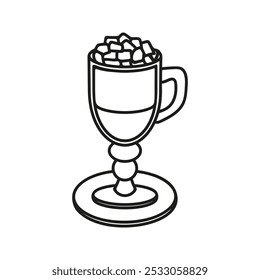 Glass cup of hot chocolate with marshmallow. Hand drawn doodle illustration.