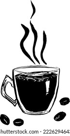Glass cup with hot coffee and coffee beans. Sketch of coffee cup, stylized vector.