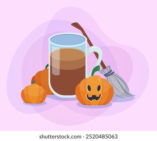 Taza de cristal con café caliente, calabazas y escoba de brujas sobre fondo abstracto. Diseño de Anuncio de Halloween. Celebración, fiesta, fiesta, concepto de otoño. Ilustración vectorial para invitación o cartel