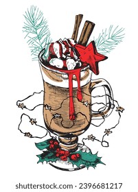 Glass cup of hot drink. Coffee Cocoa Tea Black Cocktail, Christmas New Year Symbols set Hand drawn Retro Folk Art. Hand-sketched Clip Art Digital Elements DIY Invitation Cards Digital Art