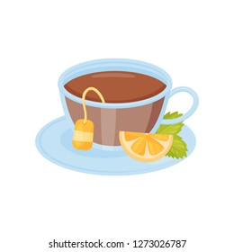 Glass cup of hot tea, lemon slice and green mint leaves on saucer. Tasty drink. Flat vector design