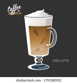 Glass cup of iced coffee latte, macchiato, cappuccino on black background vector illustration