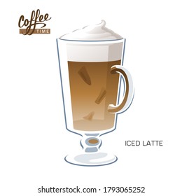 Glass cup of iced coffee latte, macchiato, cappuccino on white background vector illustration