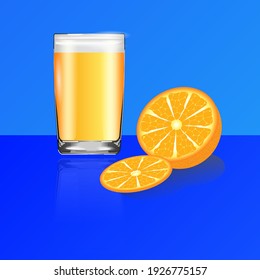 A glass cup with juice and an orange.