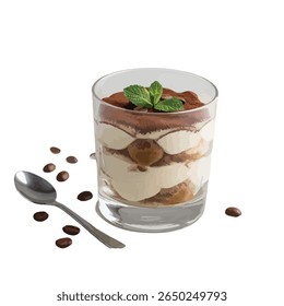 uma xícara de vidro, camadas com creme de mascarpone, café