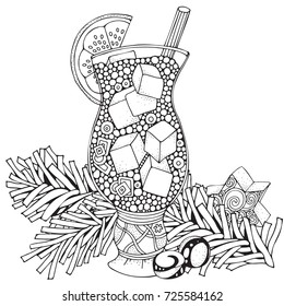 Glass cup with lemonade and ice pieces. Adult Coloring book page. Christmas decoration. Hand-drawn vector illustration. Black and white Pattern for coloring book. Zentangle.