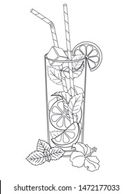 Glass cup with lemonade, tea or mojito. Drink with ice cubes and drinking straws - vector linear image for coloring. Outline. oxygen cocktail. vector illustration for coloring. Outline. Hand drawing.