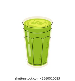 Glass cup with matcha smoothie, green juice or green tea. Healthy drink icon. Flat vector illustration isolated on white background.